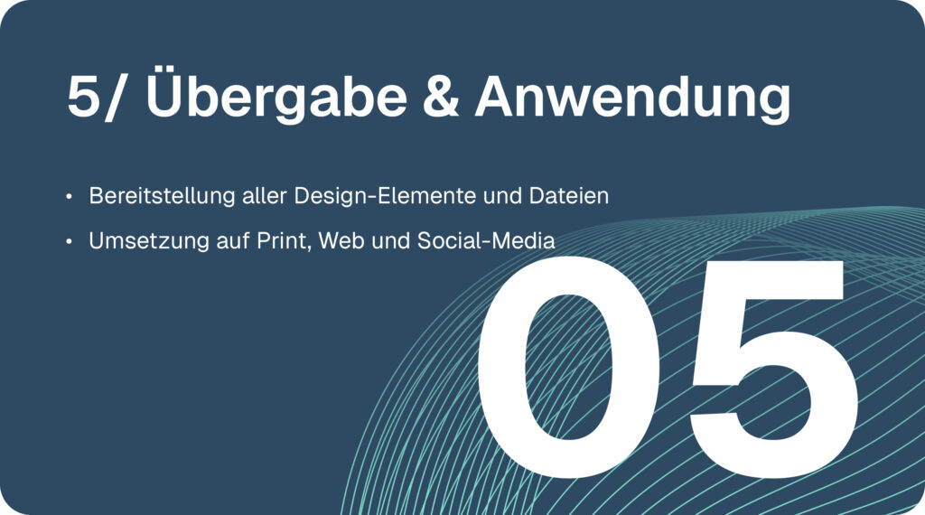 Corporate-Design-Prozess Schritt 5: Übergabe & Anwendung - Bereitstellung aller Design-Elemente und Dateien. Umsetzung auf Print, Web und Social-Media.