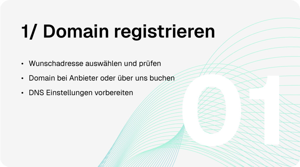 Domain & Hosting-Prozess Schritt 1: Domain registrieren - Wunschadresse auswählen und prüfen, Domain bei Anbieter oder über uns buchen, DNS-Einstellungen vorbereiten.