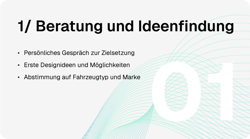 Fahrzeugbeschriftung-Prozess Schritt 1: Beratung und Ideenfindung mit persönlichem Gespräch zur Zielsetzung, ersten Designideen und Abstimmung auf Fahrzeugtyp und Marke.
