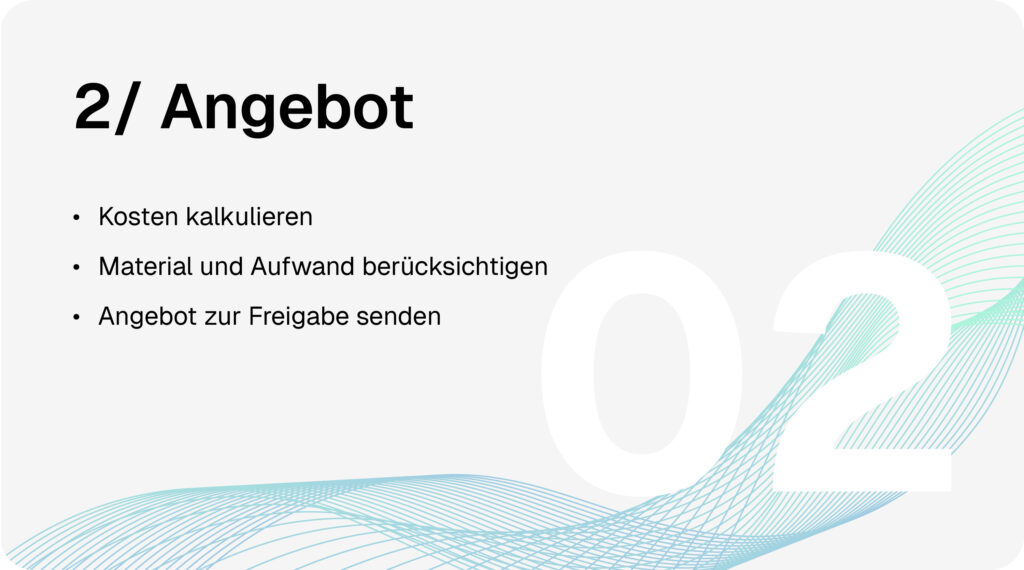 Schaufensterbeschriftung-Prozess Schritt 2: Angebotserstellung mit Kostenkalkulation, Material- und Aufwandseinschätzung, Versand zur Kundenfreigabe.