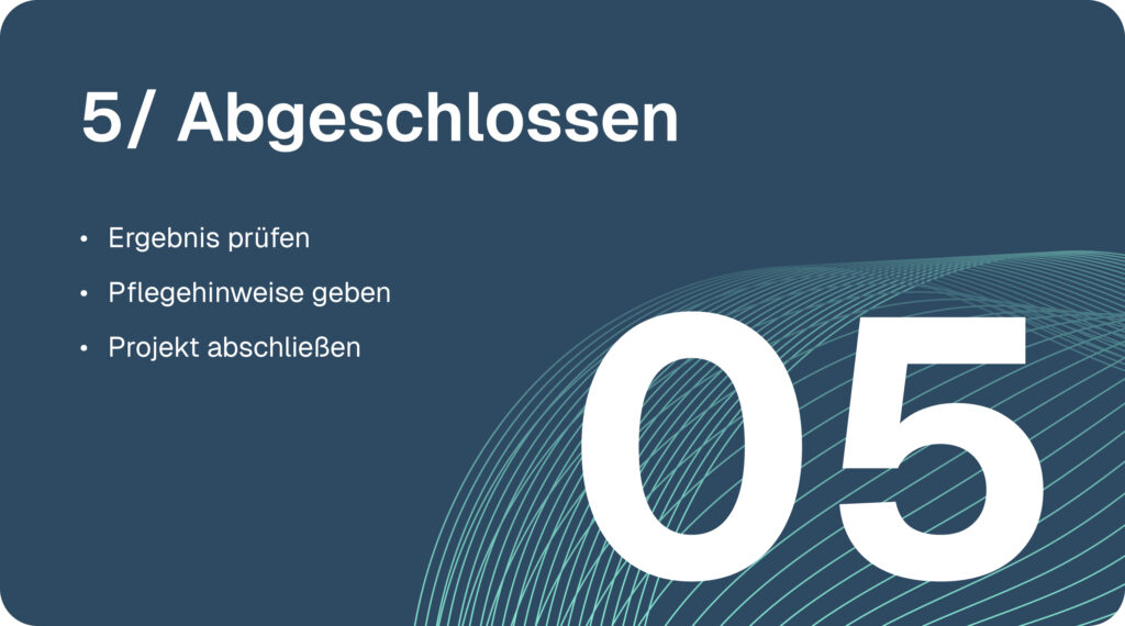 Schaufensterbeschriftung-Prozess Schritt 5: Ergebnisprüfung, Übergabe von Pflegehinweisen und Abschluss des Projekts.