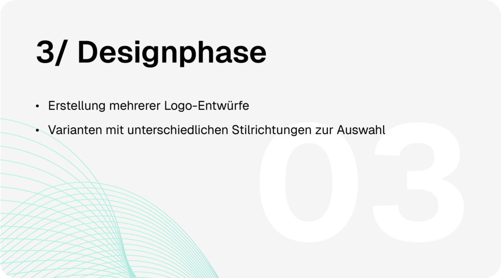 Logoerstellung-Prozess Schritt 3: Designphase. Erstellung mehrerer Logo-Entwürfe. Varianten mit unterschiedlichen Stilrichtungen zur Auswahl.