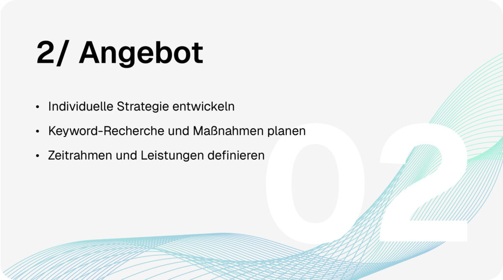 SEO-Prozess Schritt 2: Entwicklung einer individuellen Strategie mit Keyword-Recherche, Maßnahmenplanung sowie Definition von Zeitrahmen und Leistungen.