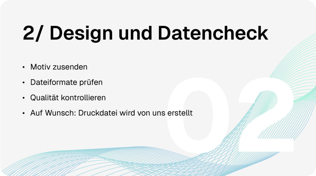 Textildruck-Prozess Schritt 2: Design und Datencheck mit Motiv-Upload, Prüfung der Dateiformate und Qualitätskontrolle – auf Wunsch Erstellung der Druckdatei durch uns