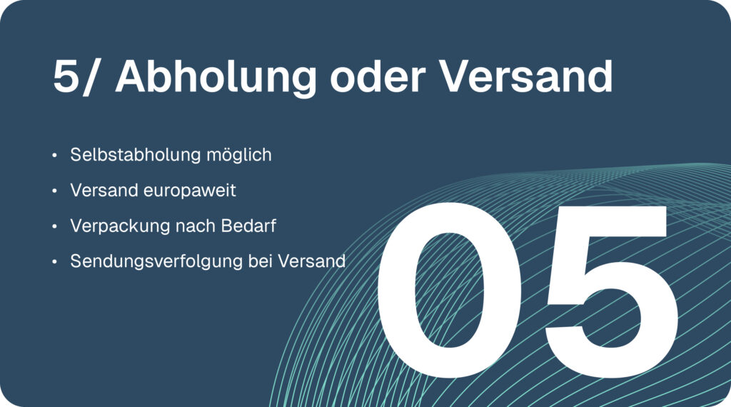 Textildruck-Prozess Schritt 5: Abholung oder Versand – wahlweise Selbstabholung oder europaweiter Versand mit individueller Verpackung und Sendungsverfolgung.