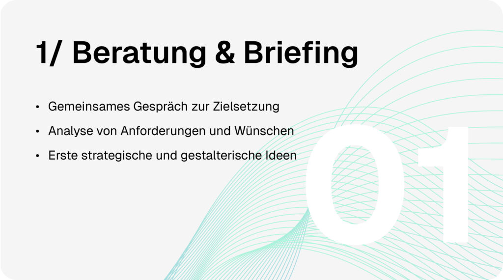 Webdesign-Prozess Schritt 1: Beratung und Briefing mit Zieldefinition, Anforderungsanalyse und Sammlung strategischer sowie gestalterischer Ideen.