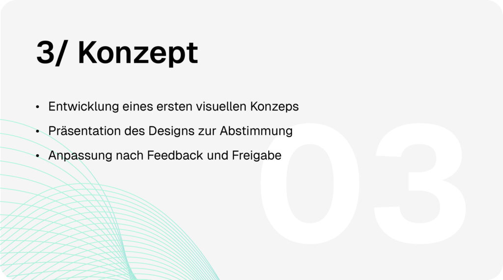 Webdesign-Prozess Schritt 3: Entwicklung eines visuellen Konzepts mit Designpräsentation, Abstimmung und Anpassung nach Kundenfeedback.