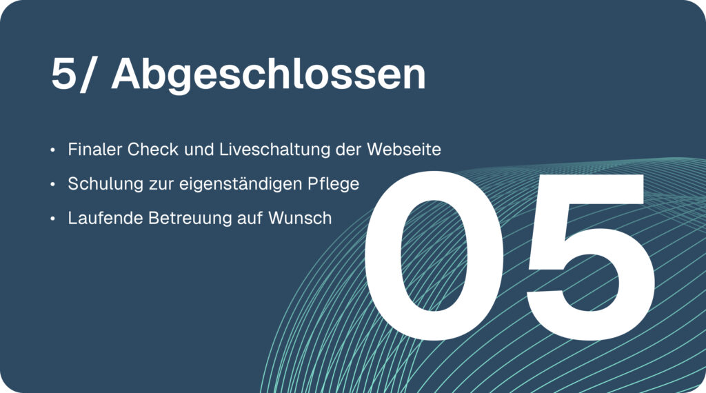 Webdesign-Prozess Schritt 5: Finaler Check, Liveschaltung der Website, Schulung zur Pflege und optionale laufende Betreuung.